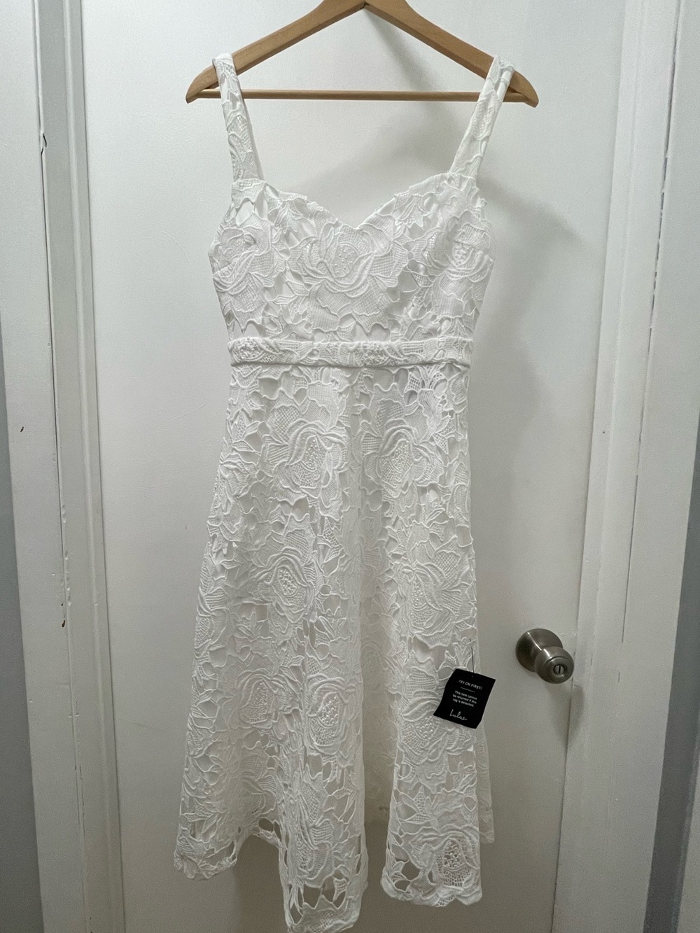 Lulu's White Lace A-Line Dress with Spaghetti Straps